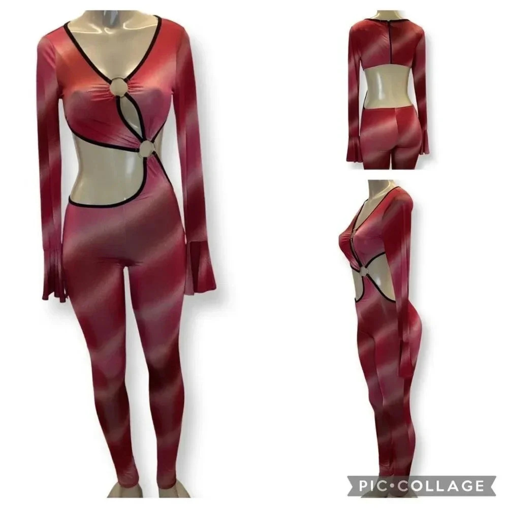 Tie Dye Size Medium One Piece Pantsuit Exotic Style & Ruffle Bell Sleeves. New